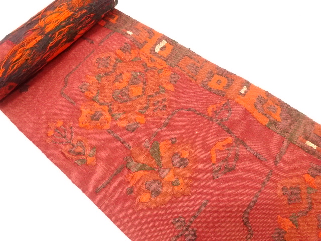 アンティーク　手織り真綿紬　華紋に花更紗模様織り出し　名古屋帯地反物